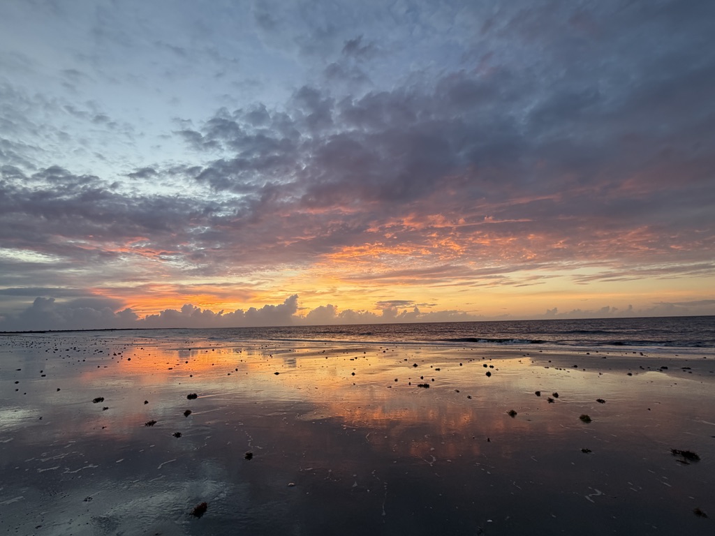 Pastel solstice sunset reflected on the wet sand of a Lowcountry beach
